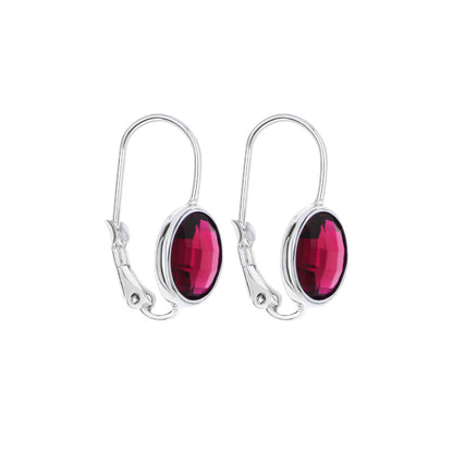July Birthstone Color Earrings pair, silver-tone lever-back with oval ruby-colored stones on Tampa Home & Garden Store