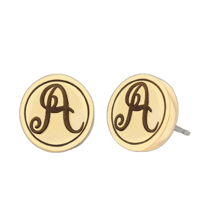 Initial A Earrings pair with gold-tone discs and brown monogram A, Lauren G Adams on Tampa Home & Garden Store