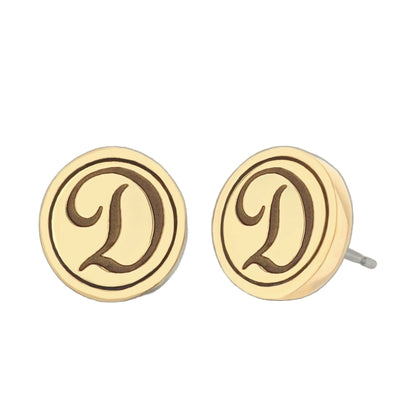 Initial D Earring pair by Lauren G Adams, cream circular discs with brown D monogram on Tampa Home & Garden Store