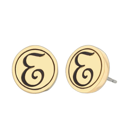 Initial E Earring, gold-tone round discs with black script E, Lauren G Adams, pair shown on Tampa Home & Garden Store