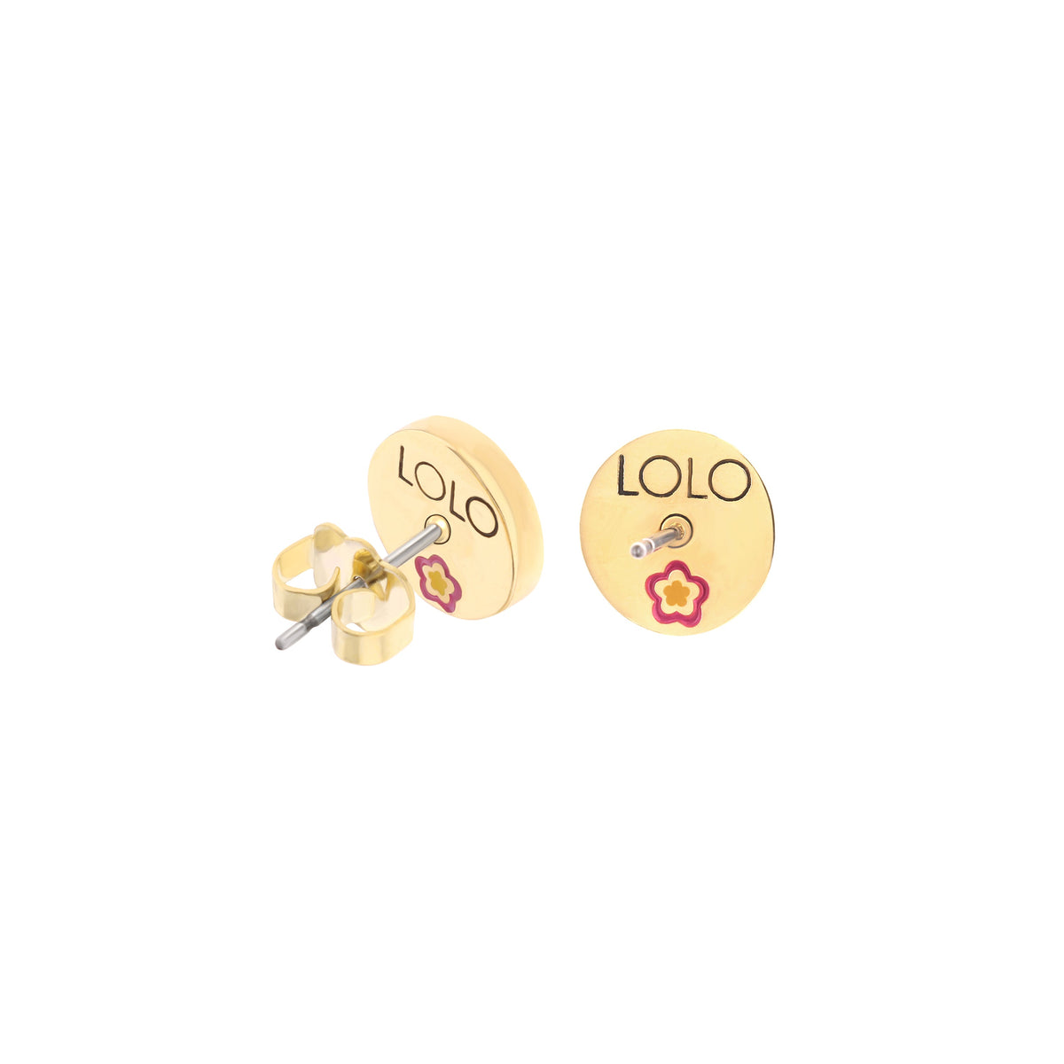 Initial E Earring by Lauren G Adams; gold-tone round disc studs LOLO and flower accents; 3-pc set on Tampa Home & Garden Store