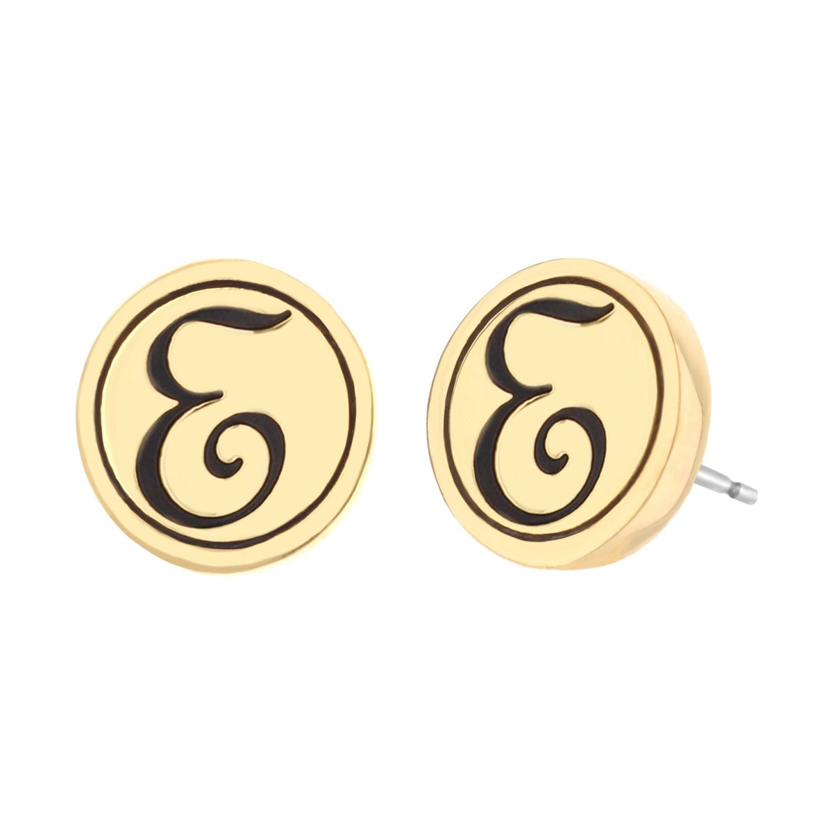 Initial E earring pair, gold-tone round studs with black script E by Lauren G Adams on Tampa Home & Garden Store