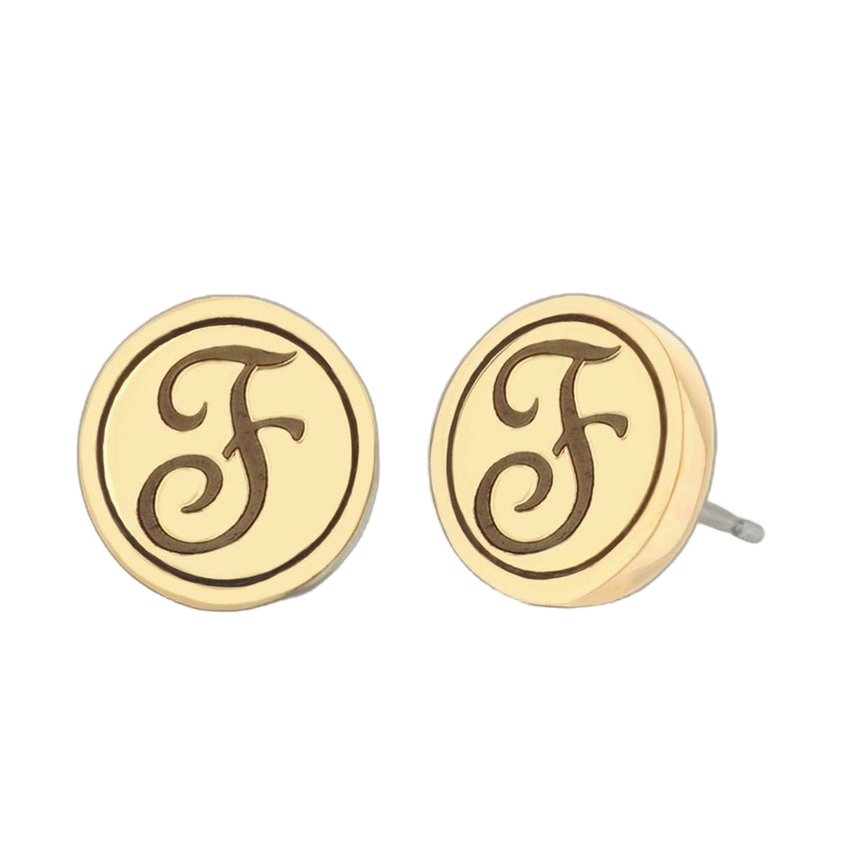 Initial F Earring pair gold-tone disks with brown monogram F Lauren G Adams on Tampa Home & Garden Store