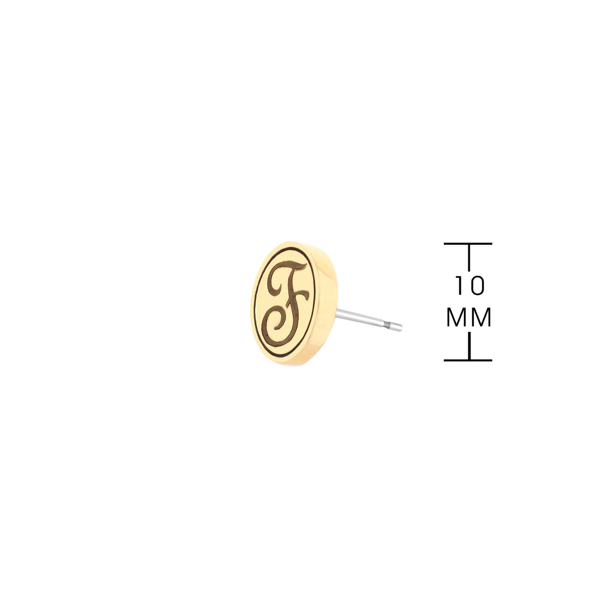 Initial F earring from Lauren G Adams, round gold-tone disk with black monogram F on Tampa Home & Garden Store