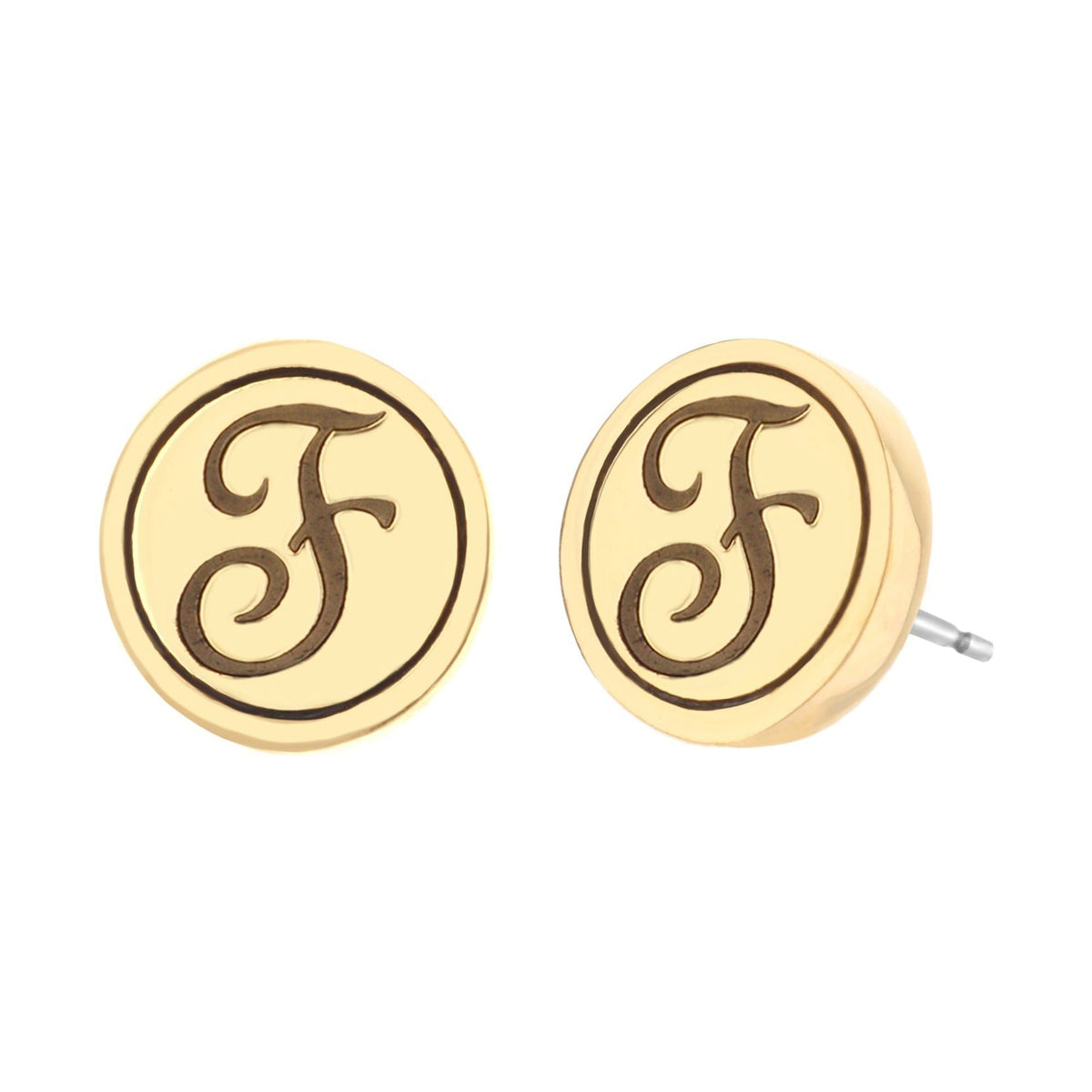 Initial F Earrings pair, gold-tone round studs with black monogram F, Lauren G Adams on Tampa Home & Garden Store
