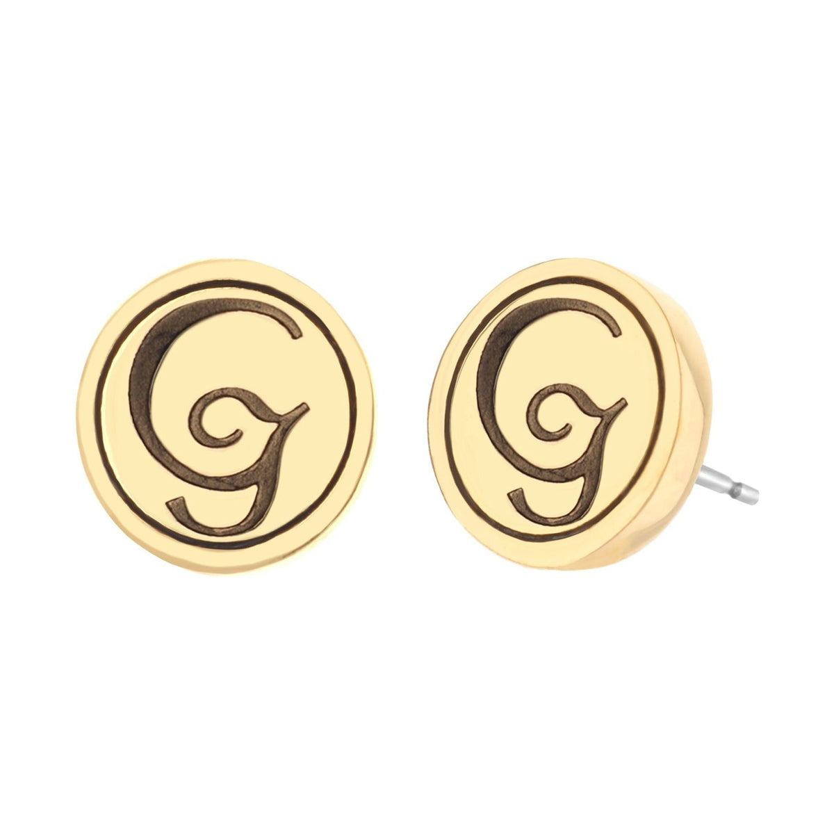 Initial G earrings pair by Lauren G Adams, gold-tone studs with black G monogram on Tampa Home & Garden Store