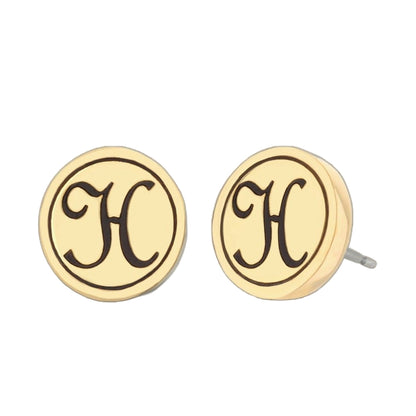 Initial H earring pair in cream enamel with black monogram and gold-tone rim on Tampa Home & Garden Store