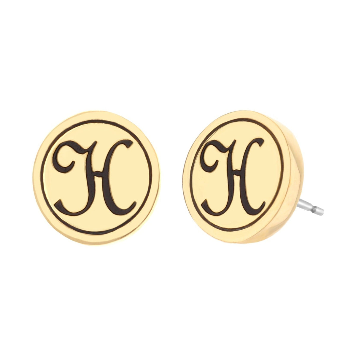 Initial H Earring pair goldtone discs with black monogram H on Tampa Home & Garden Store