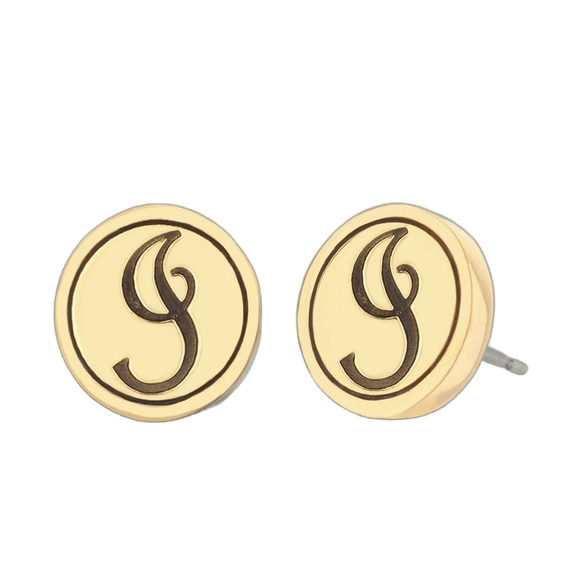 Initial I Earring pair in gold-tone round discs with black script initial, Lauren G Adams on Tampa Home & Garden Store