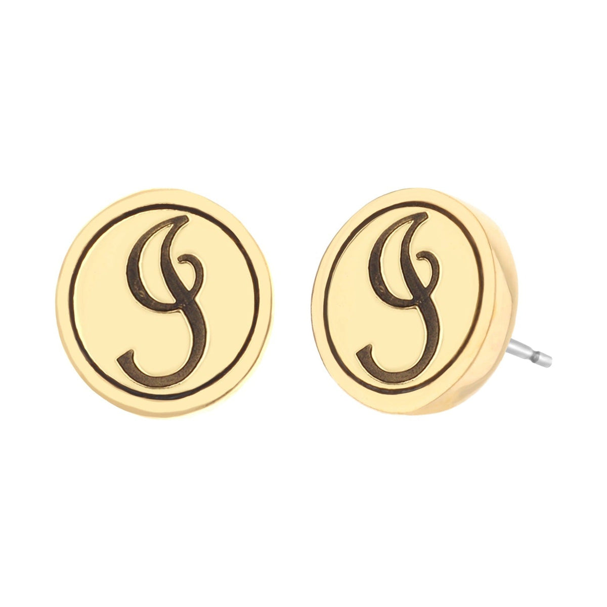 Initial I Earring pair gold-tone round studs with black G monogram, Lauren G Adams Collection on Tampa Home & Garden Store