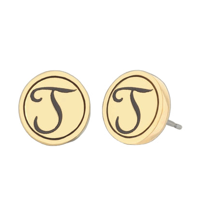 Initial J Earring birthstone earrings by Lauren G Adams; pair of gold-tone disc studs with J on Tampa Home & Garden Store