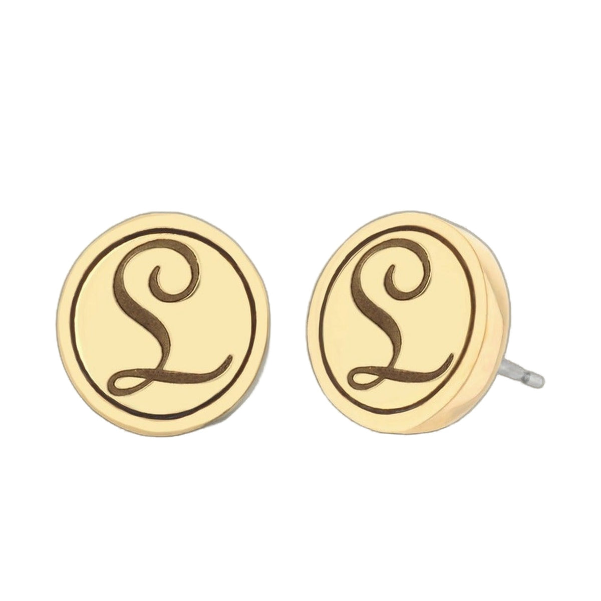 Initial L earrings by Lauren G Adams, gold-tone round monogram studs (2-piece pair) on Tampa Home & Garden Store