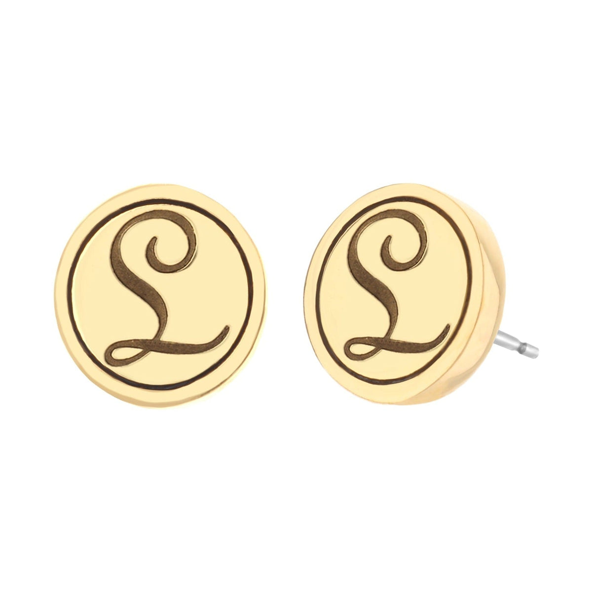 Pair of Initial L earrings gold-tone round studs with scripted L by Lauren G Adams on Tampa Home & Garden Store