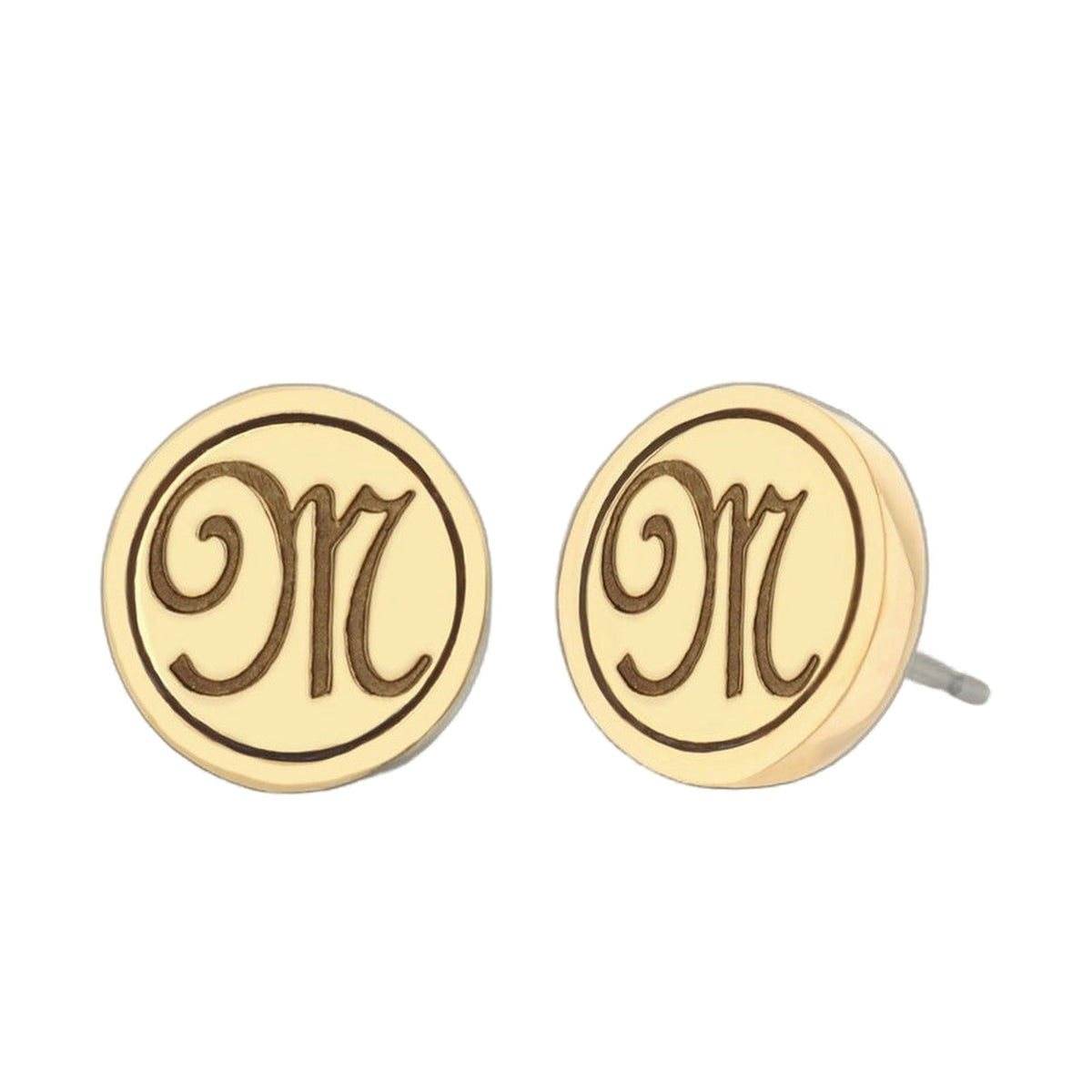 Pair of gold-tone Initial M earrings with scripted M inside an oval by Lauren G Adams on Tampa Home & Garden Store