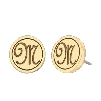 Pair of gold-tone Initial M earrings with scripted M inside an oval by Lauren G Adams on Tampa Home & Garden Store