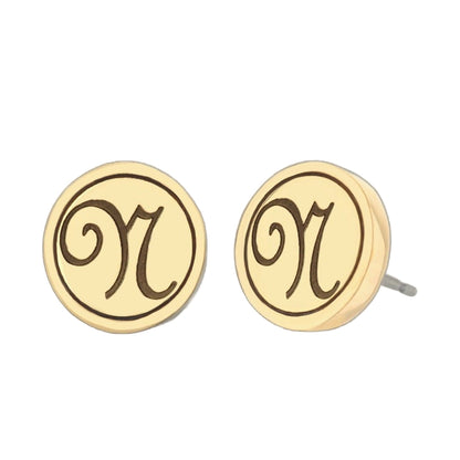 Pair of Initial N earrings, cream round discs with brown script N on Tampa Home & Garden Store