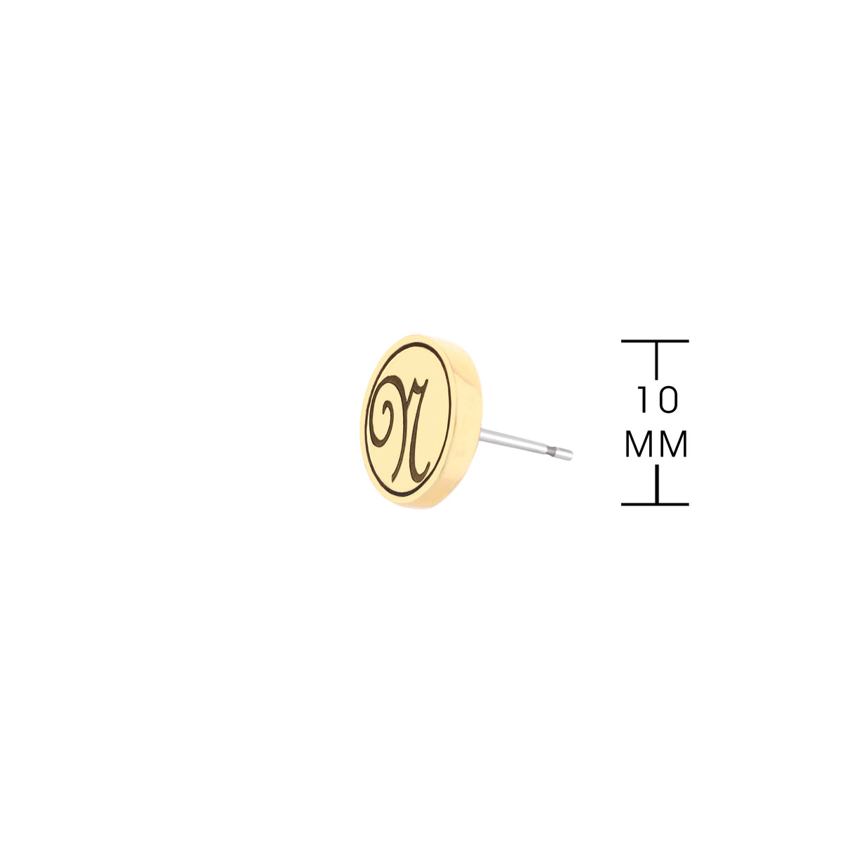 Initial N Earring with cream circular disc featuring black N monogram, gold-tone rim, 10mm diameter, post backing on Tampa Home & Garden Store