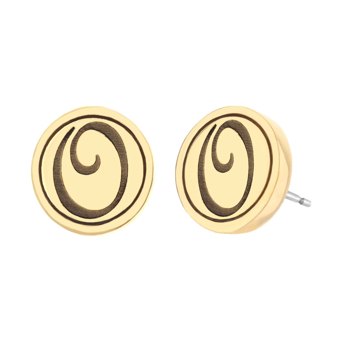 Initial O Earrings by Lauren G Adams; gold-tone circular studs with black O design pair on Tampa Home & Garden Store