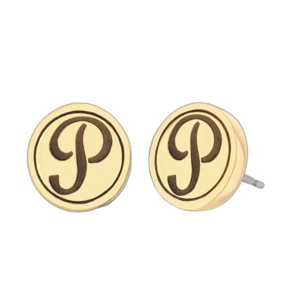 Pair of Initial P earrings cream circular disks with brown monogram P, gold-tone edge on Tampa Home & Garden Store