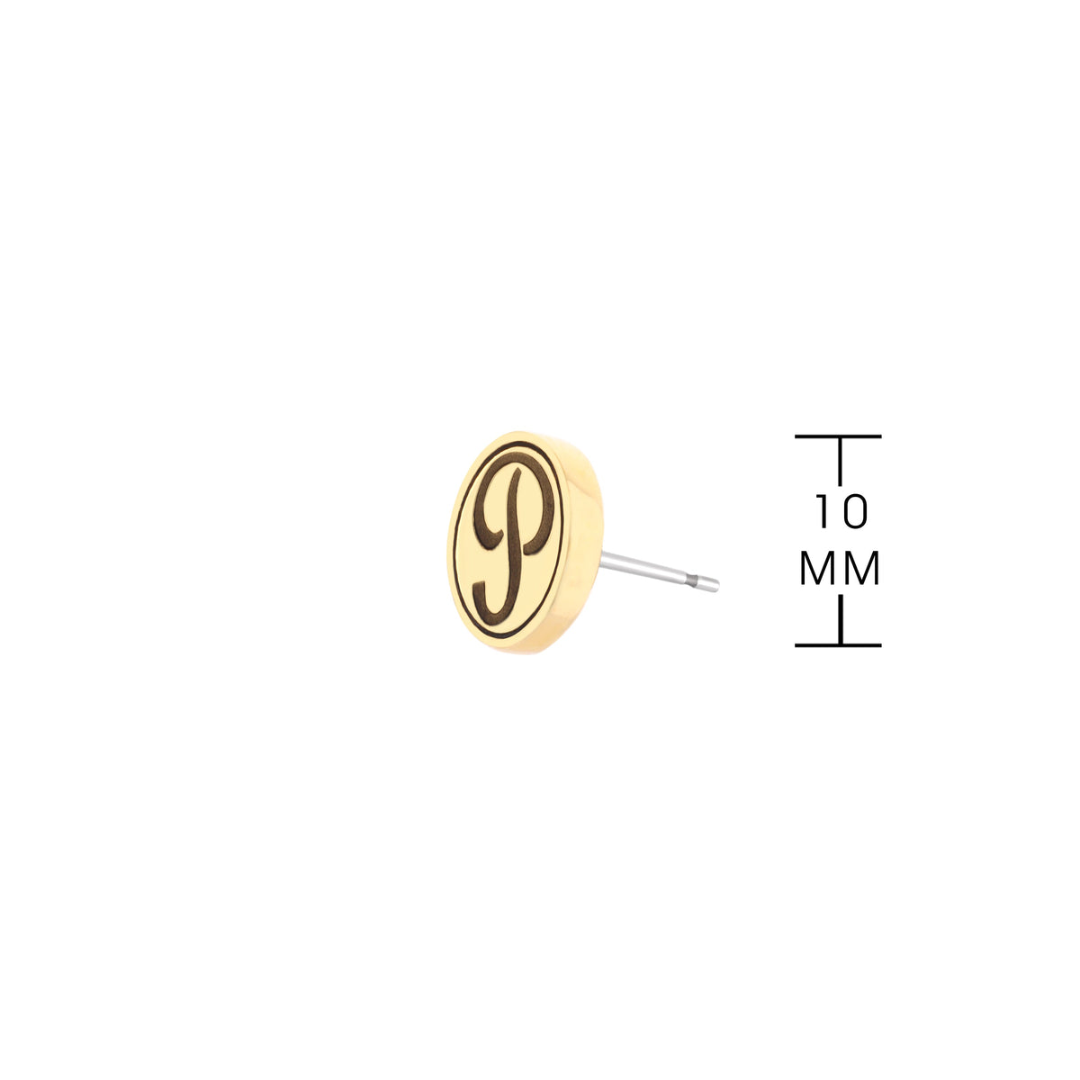 Initial P Earring by Lauren G Adams; round disk with black monogram P, gold edge, stud back on Tampa Home & Garden Store