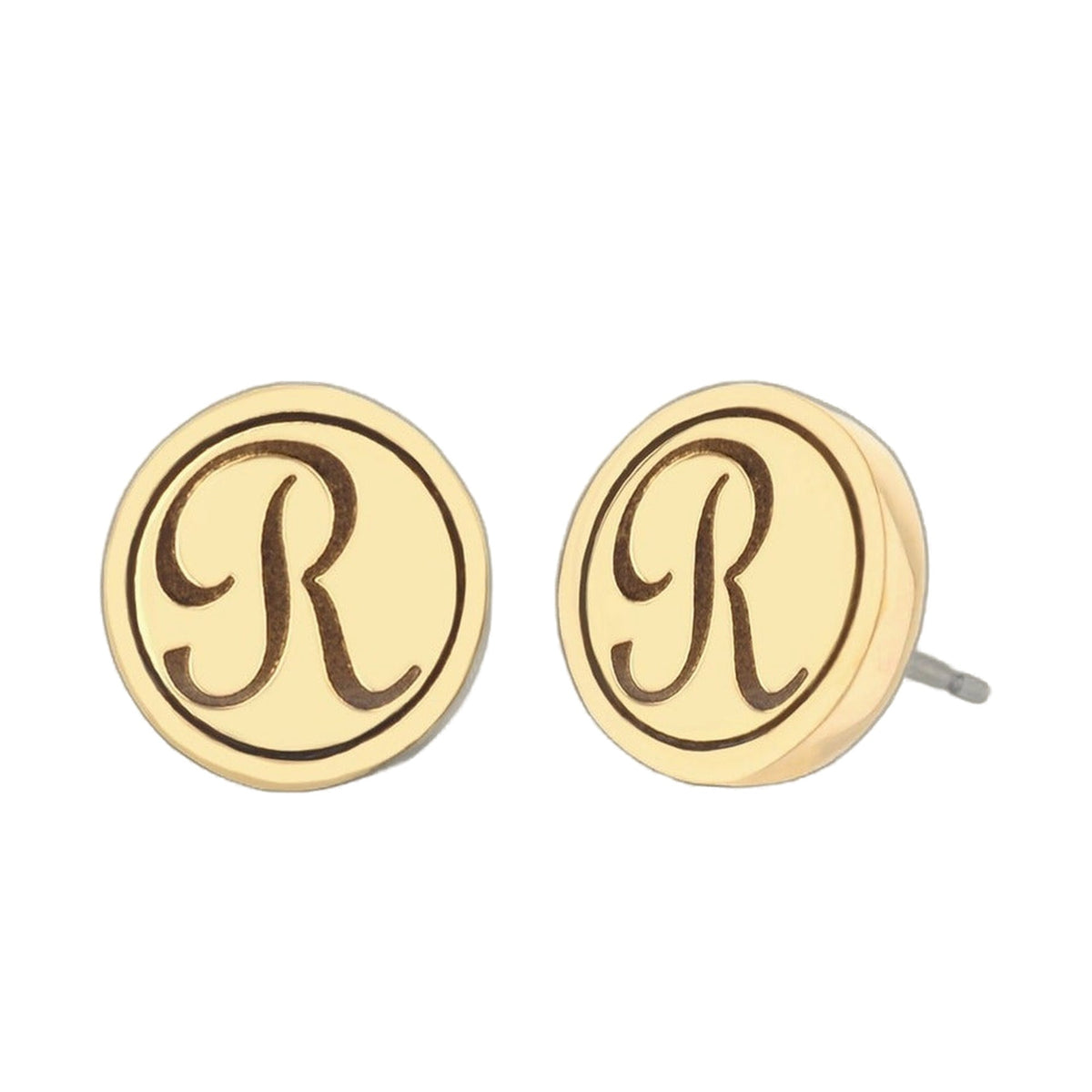 Initial R earrings pair, gold-tone discs with brown script monogram on Tampa Home & Garden Store