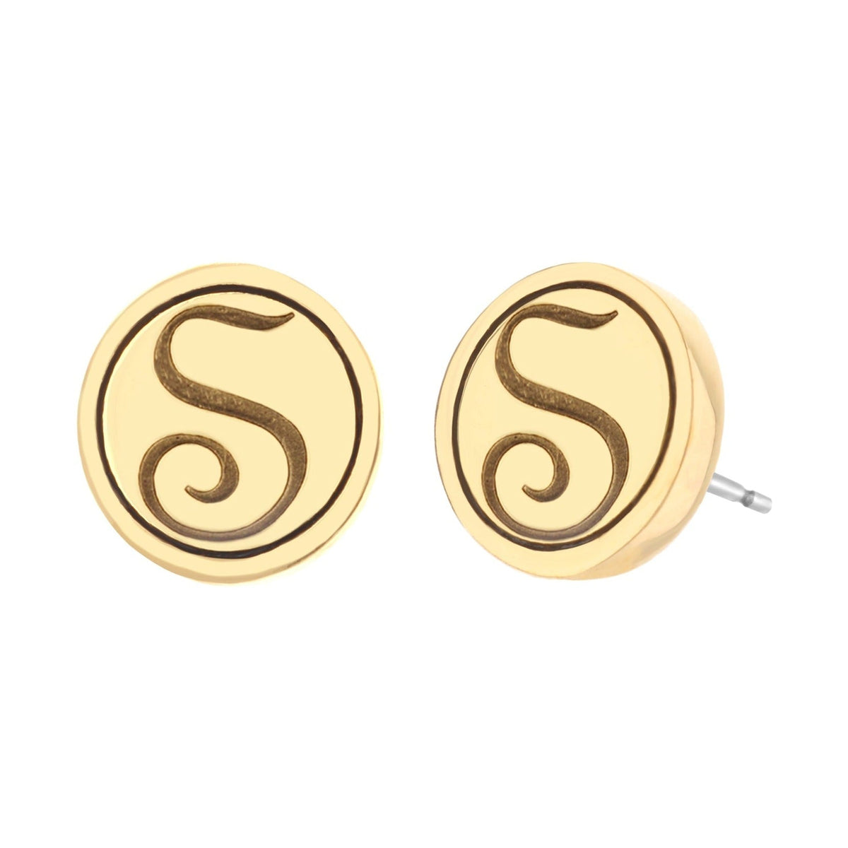Initial S earrings gold-tone round studs with black scripted S by Lauren G Adams on Tampa Home & Garden Store