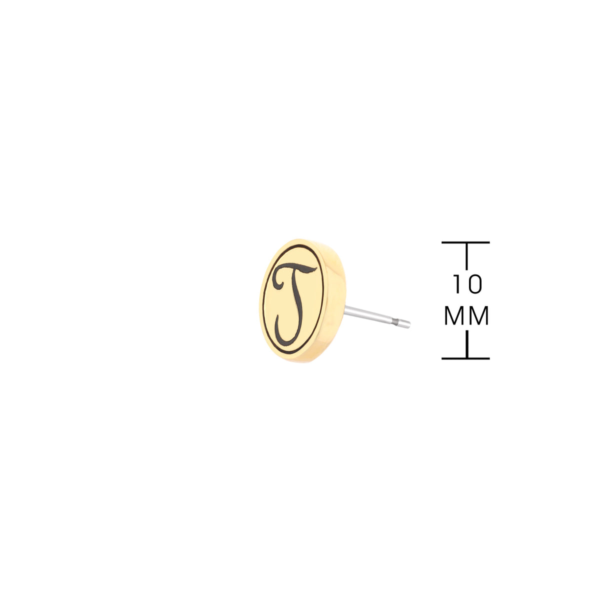 Initial T Earring by Lauren G Adams, gold-tone circular disc with black T, stud earring on Tampa Home & Garden Store