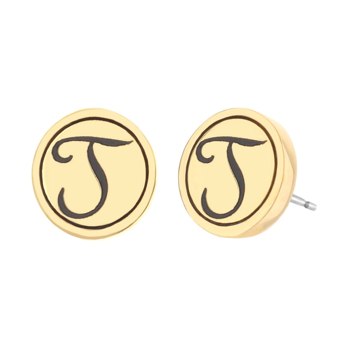 Initial T earrings pair, gold-tone round studs with black T monogram by Lauren G Adams on Tampa Home & Garden Store