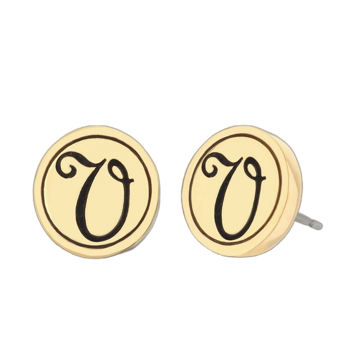 Initial V Earring pair by Lauren G Adams, gold circular studs with black V on Tampa Home & Garden Store