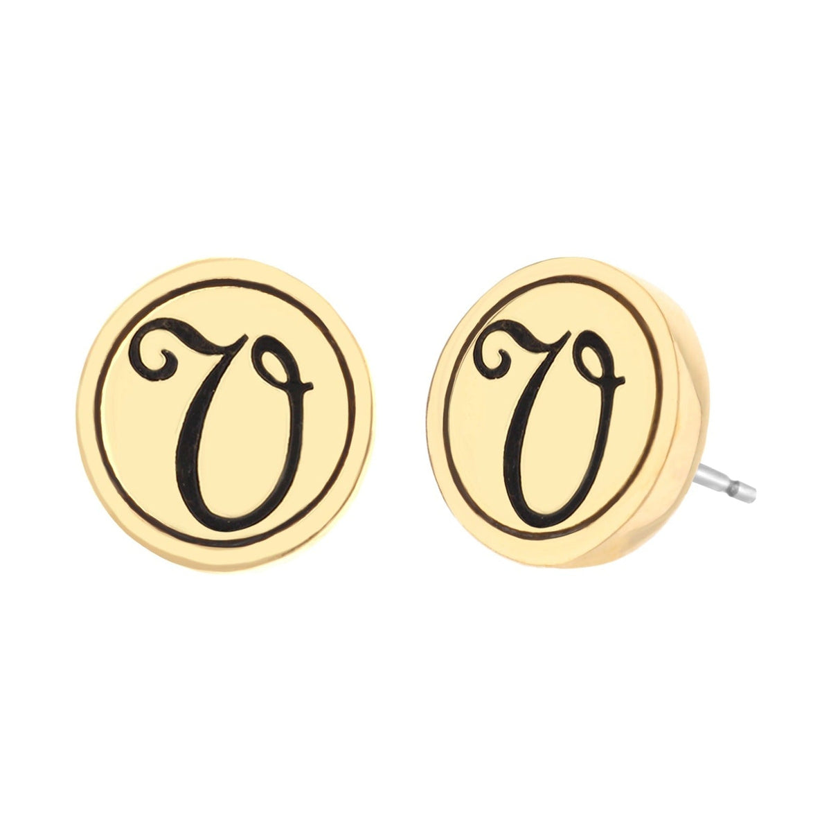 Initial V Earring gold round stud with black V inside circle; Lauren G Adams on Tampa Home & Garden Store