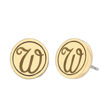 Initial W Earring pair in natural wood with engraved script W, two round studs on Tampa Home & Garden Store