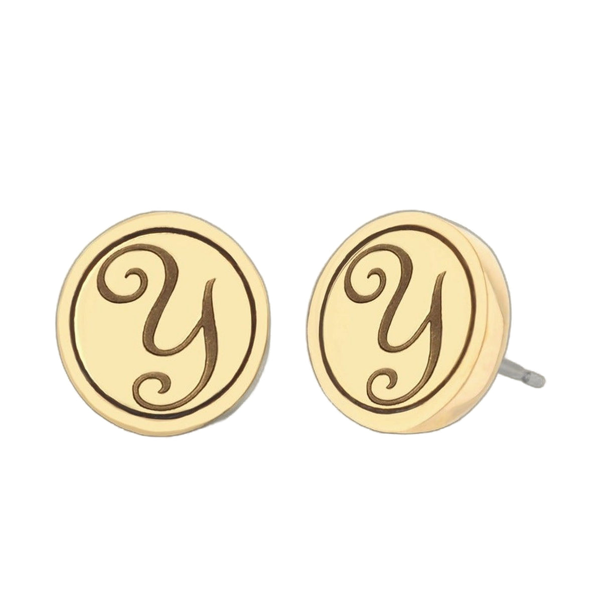 Initial Y Earring pair by Lauren G Adams; cream round discs with brown script Y, gold rim on Tampa Home & Garden Store