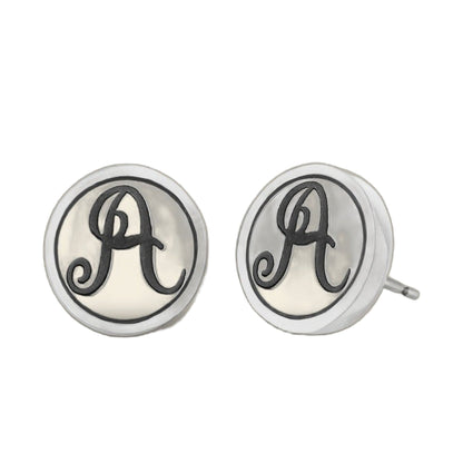 Initial A Earring pair by Lauren G Adams, silvertone round earrings with black script A monogram on Tampa Home & Garden Store