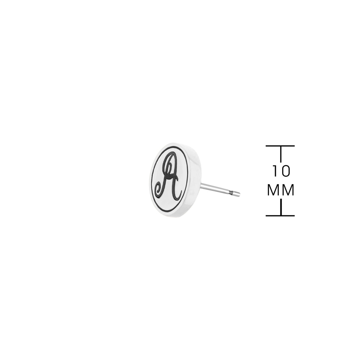 Initial A Earring by Lauren G Adams: round white enamel disk with black script A, stud post on Tampa Home & Garden Store