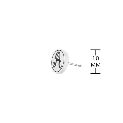 Initial A Earring by Lauren G Adams: round white enamel disk with black script A, stud post on Tampa Home & Garden Store