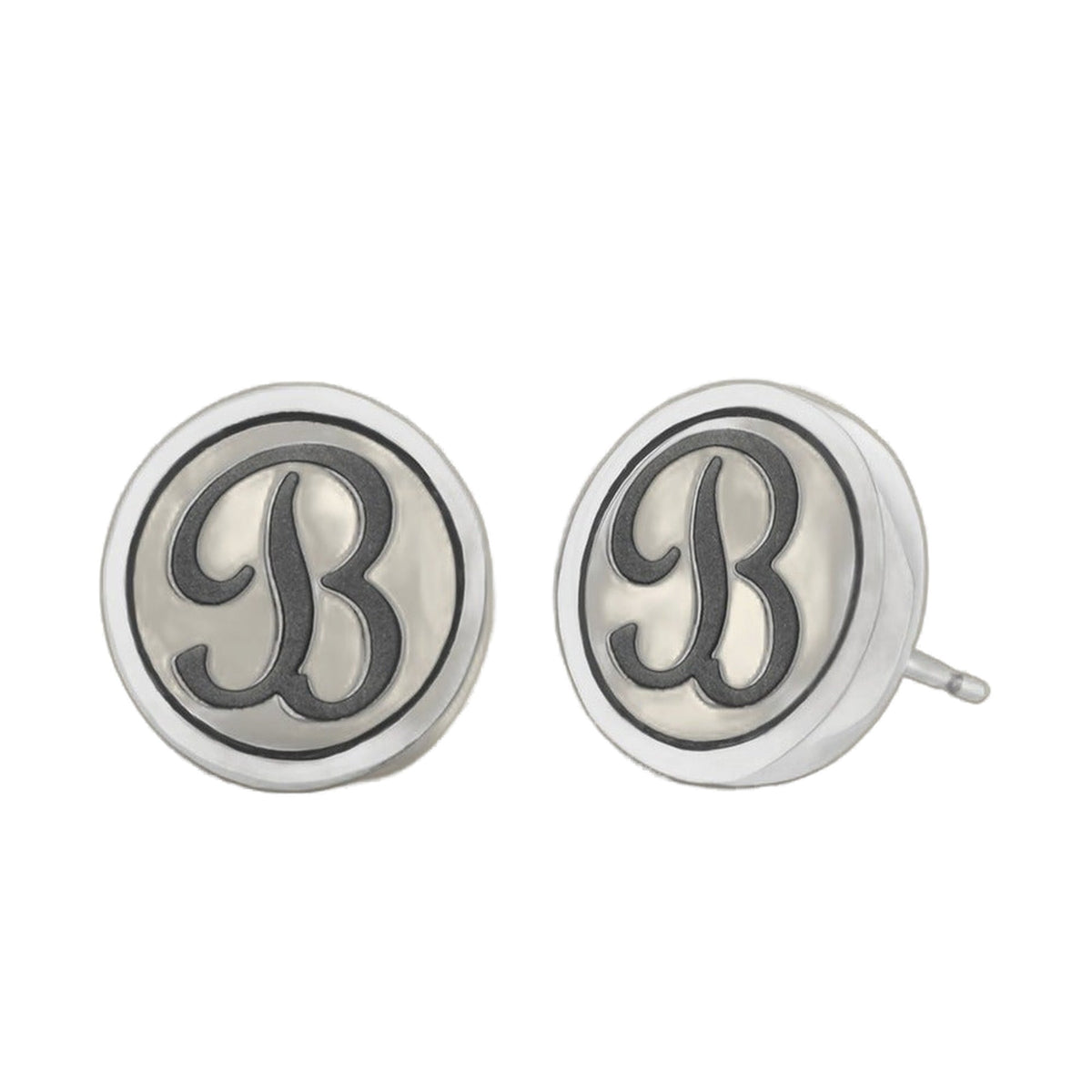 Initial B Earring pair by Lauren G Adams, silver-tone circular studs with engraved B on Tampa Home & Garden Store