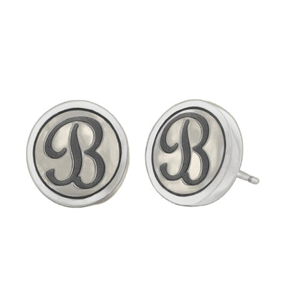 Initial B Earring pair by Lauren G Adams, silver-tone circular studs with engraved B on Tampa Home & Garden Store