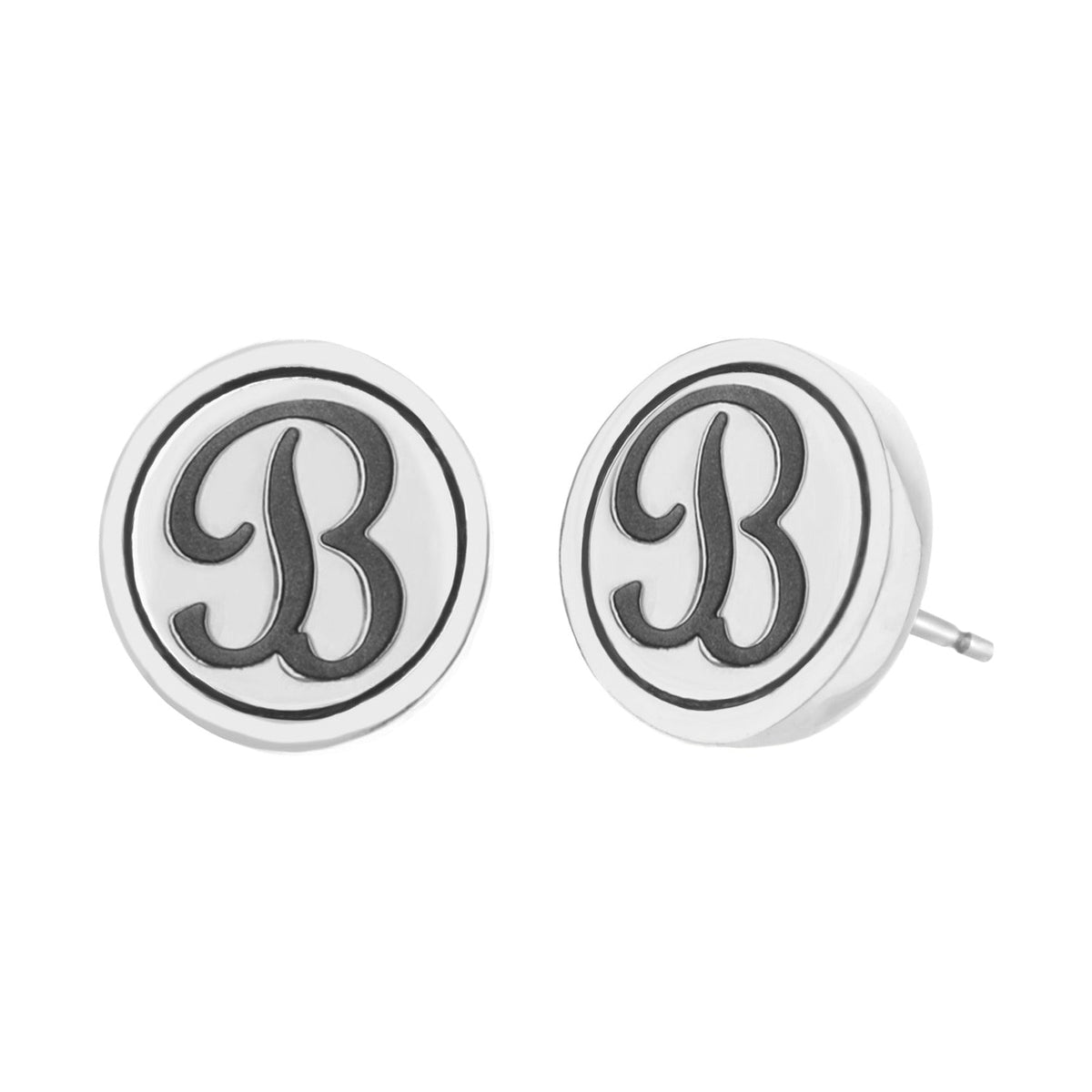 Initial B Earring pair; silver-tone circular studs with black B monogram by Lauren G Adams on Tampa Home & Garden Store