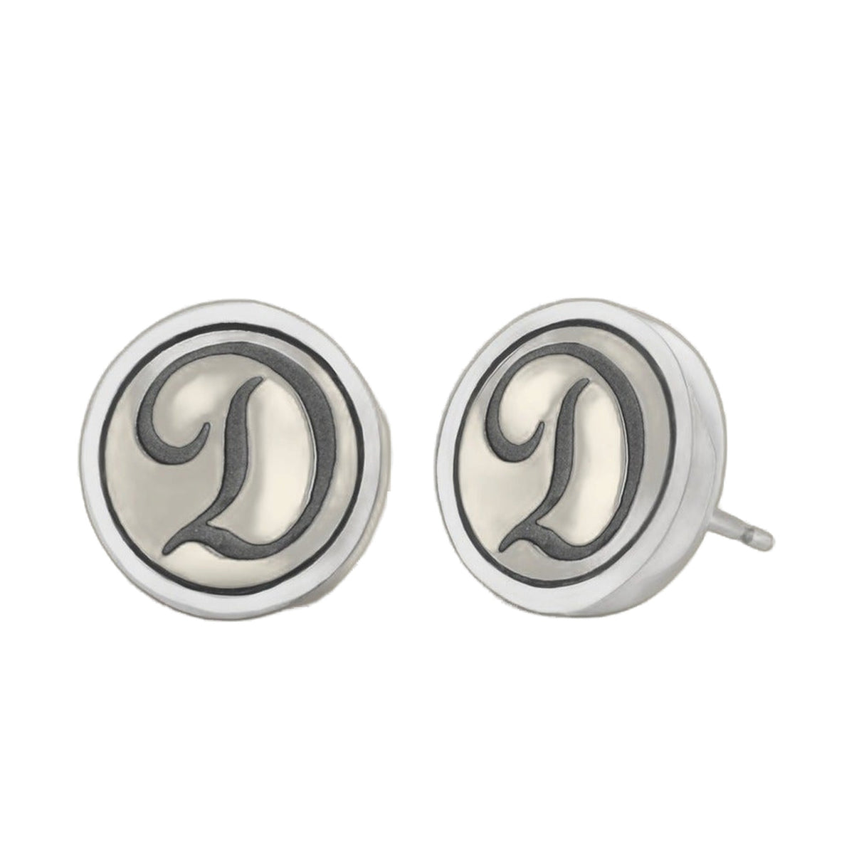 Initial D Earring pair, silver-tone circular logo charms with black detailing on Tampa Home & Garden Store