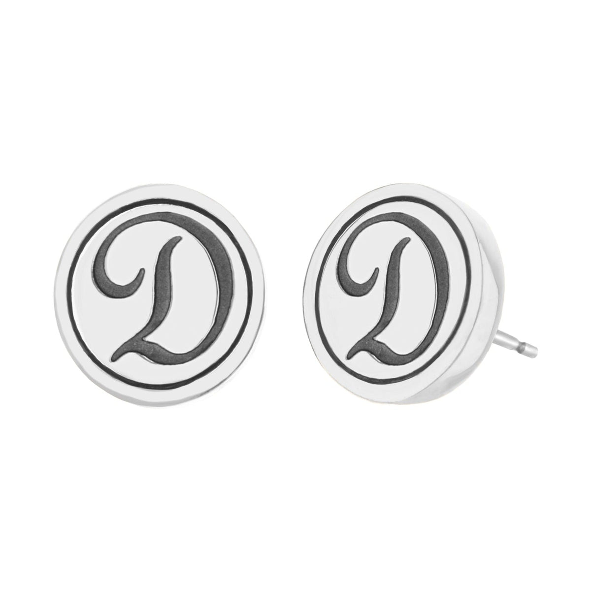 Initial D earring pair, white circular enamel studs with black D monogram by Lauren G Adams on Tampa Home & Garden Store