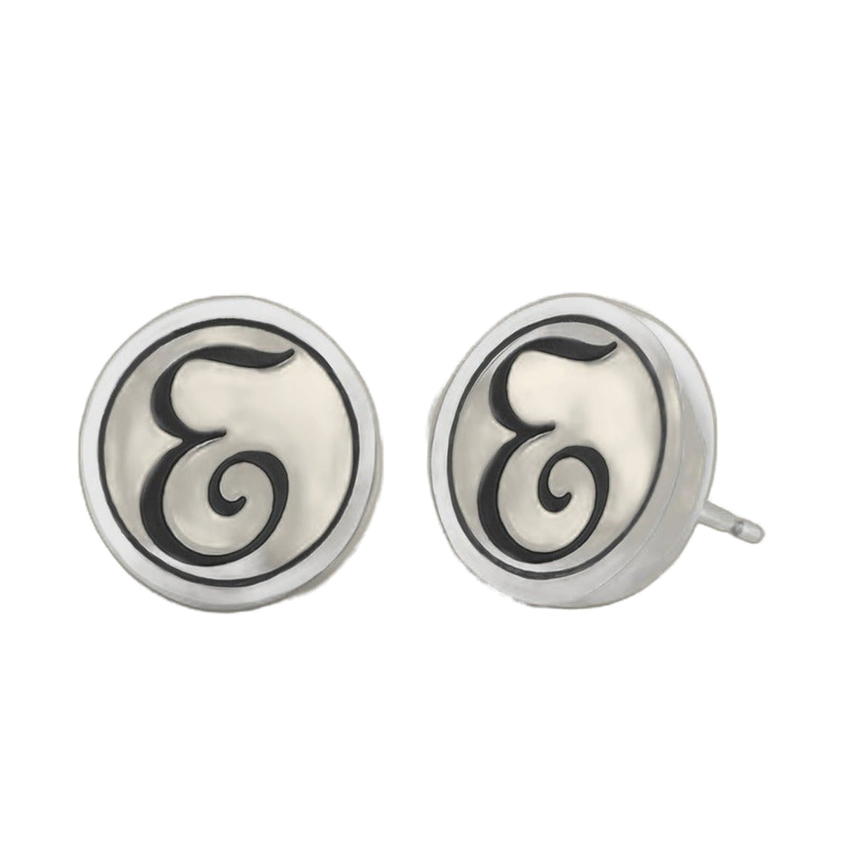 Initial E earrings by Lauren G Adams, pair of round silver-tone discs with black script E on Tampa Home & Garden Store