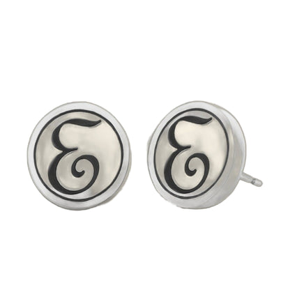 Initial E earrings by Lauren G Adams, pair of round silver-tone discs with black script E on Tampa Home & Garden Store