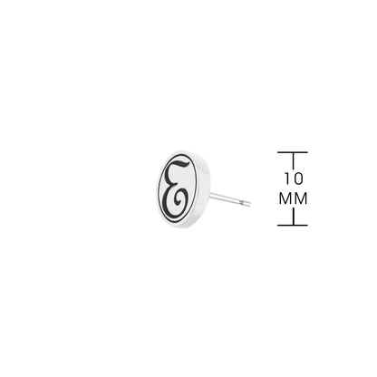 Initial E earring by Lauren G Adams, white disk with black script E, silver post on Tampa Home & Garden Store