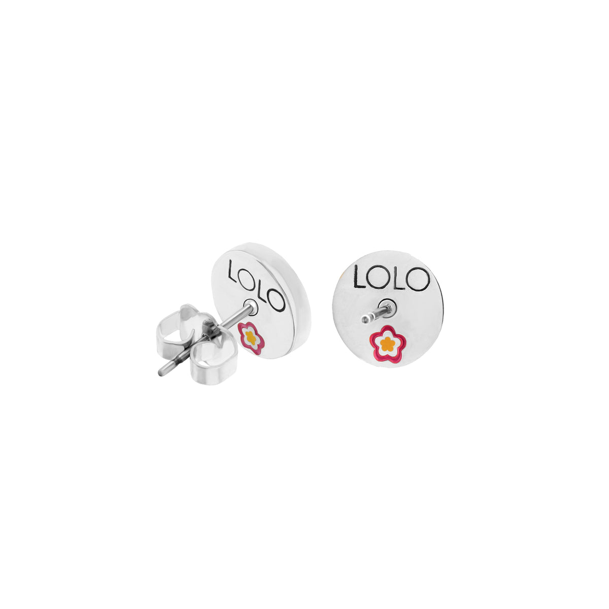 Initial E Earring by Lauren G Adams: silver round discs with LOLO text and small flower accents on Tampa Home & Garden Store