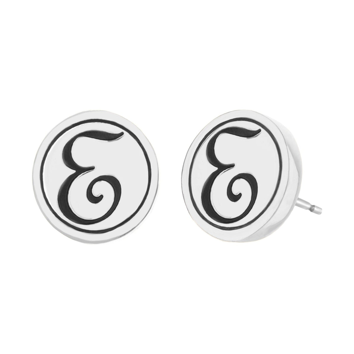 Initial E Earring pair; round white studs with black swirl E motif, Lauren G Adams on Tampa Home & Garden Store