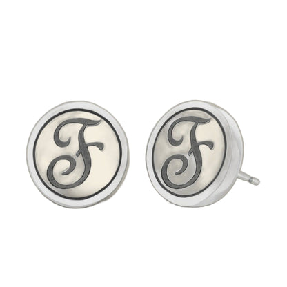 Initial F earrings, circular silver-tone pendants with black scripted F, Lauren G Adams on Tampa Home & Garden Store