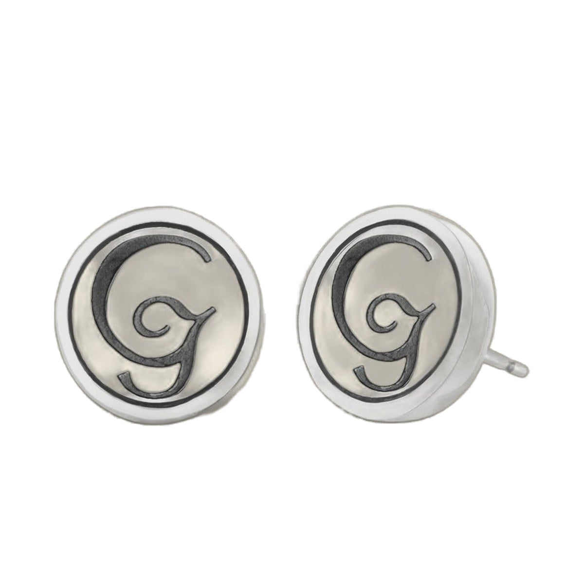 Initial G earrings pair, silver-tone discs with black G monogram on Tampa Home & Garden Store