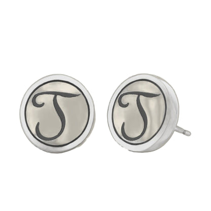 Initial J Earring pair, silver round studs with cream enamel and black J, Lauren G Adams on Tampa Home & Garden Store