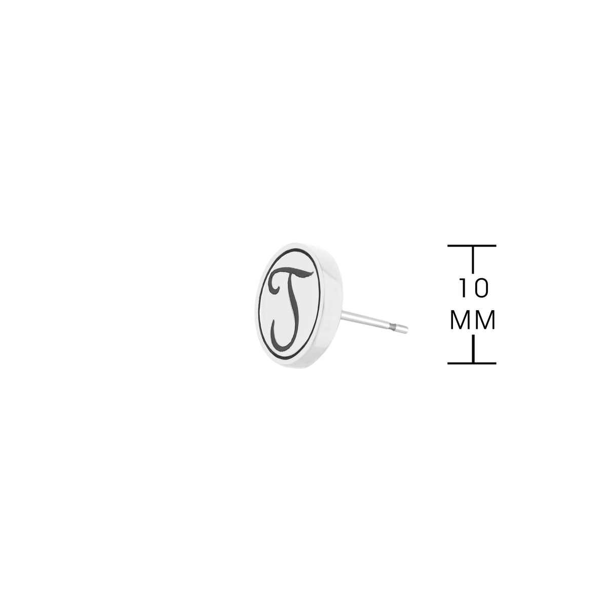 Initial J earring by Lauren G Adams, white enamel circular disc with black J, stud back on Tampa Home & Garden Store