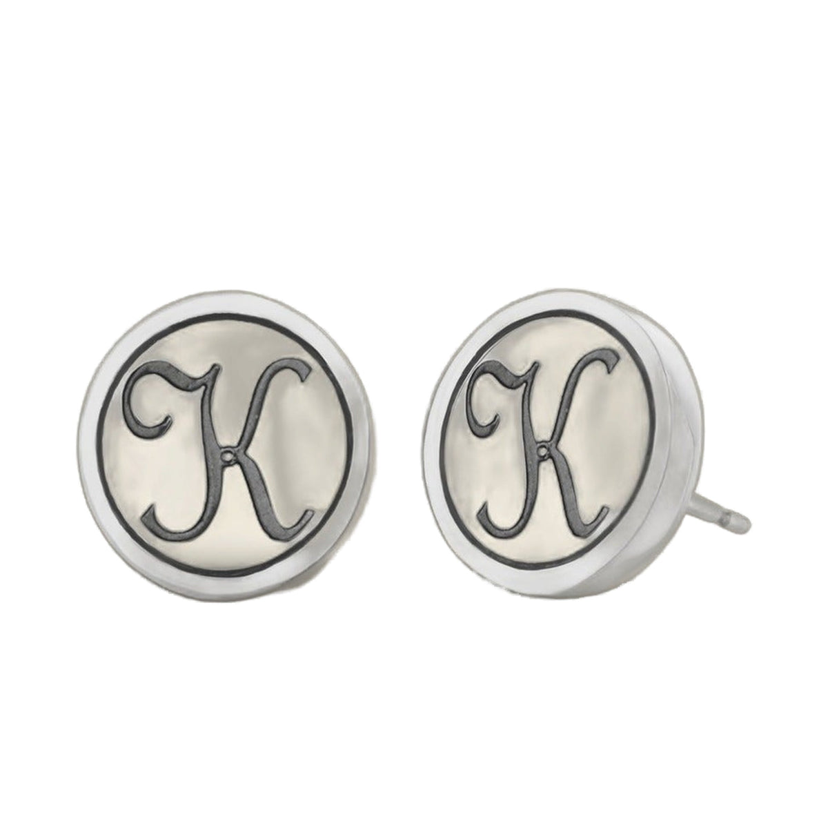 Initial K earrings, pair of silver-tone round studs with black cursive K, Lauren G Adams on Tampa Home & Garden Store